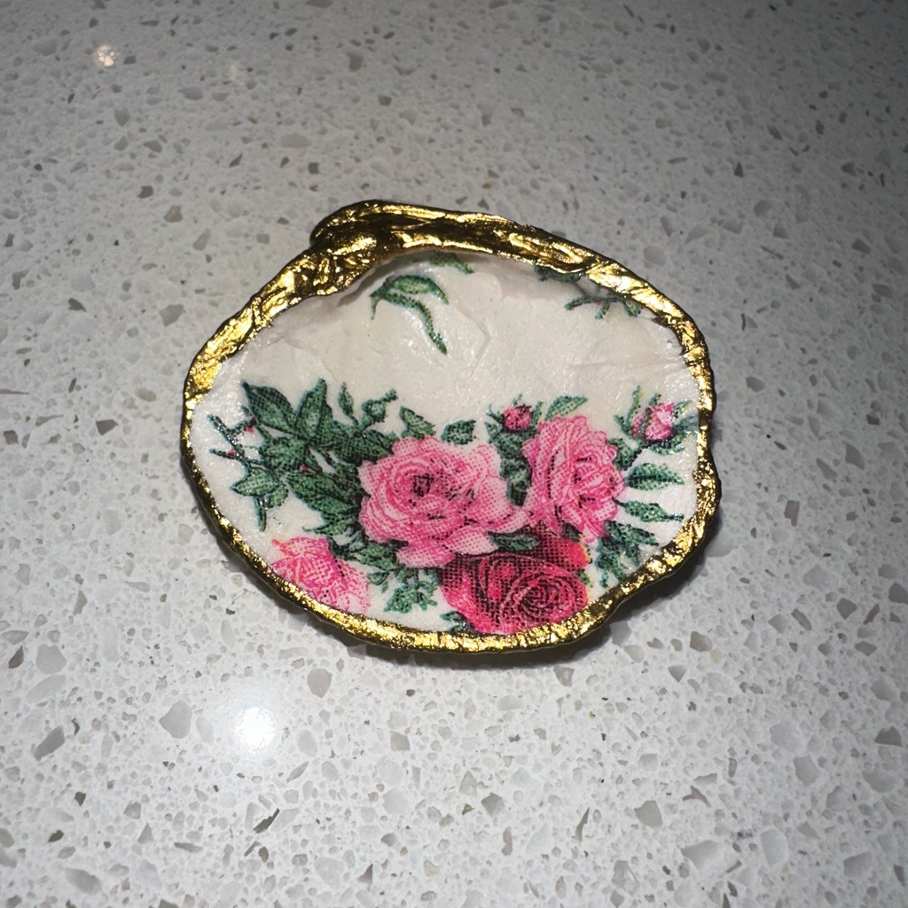 Floral Gold-Trimmed Decoupage Shell Jewelry Dish